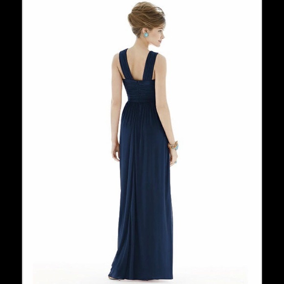 Alfred Sung Shirred Chiffon V-Neck Gown in Navy - Picture 2 of 6